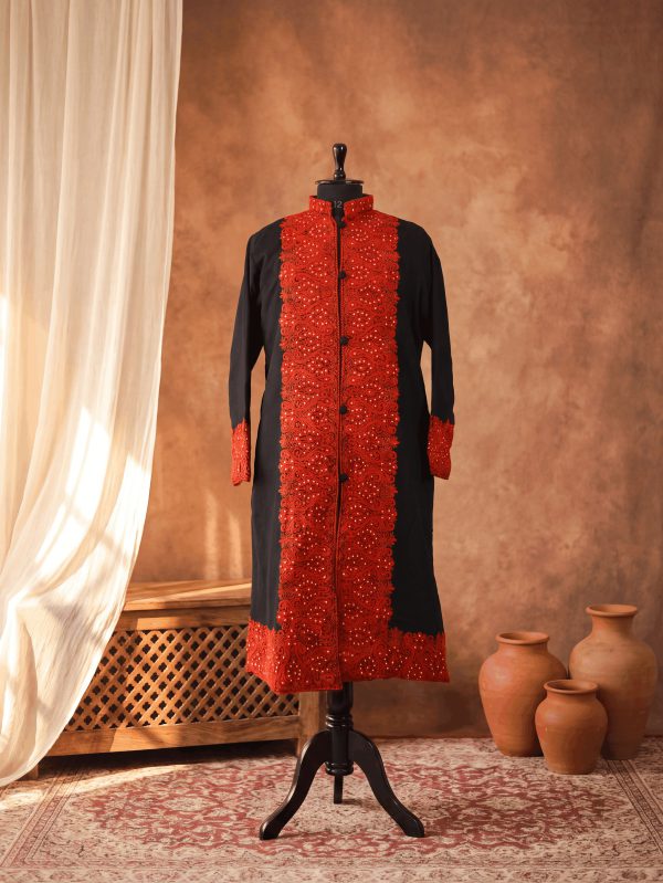 Khilat — Black & Crimson — hand-embroidered Kashmiri occasion coat by NOUR