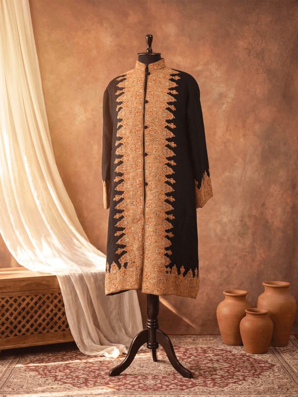 Khilat — Black & Gold — hand-embroidered Kashmiri occasion coat by NOUR