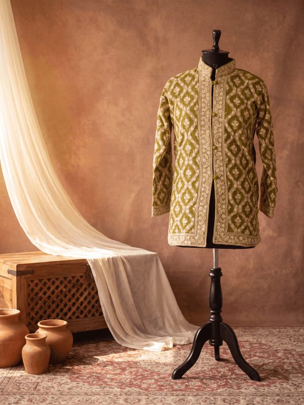 Khilat — Olive & Ivory — hand-embroidered Kashmiri jacket by NOUR