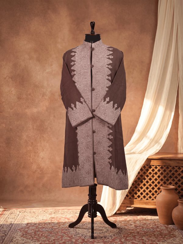 Khilat — Smoke & Silver — hand-embroidered Kashmiri occasion coat by NOUR