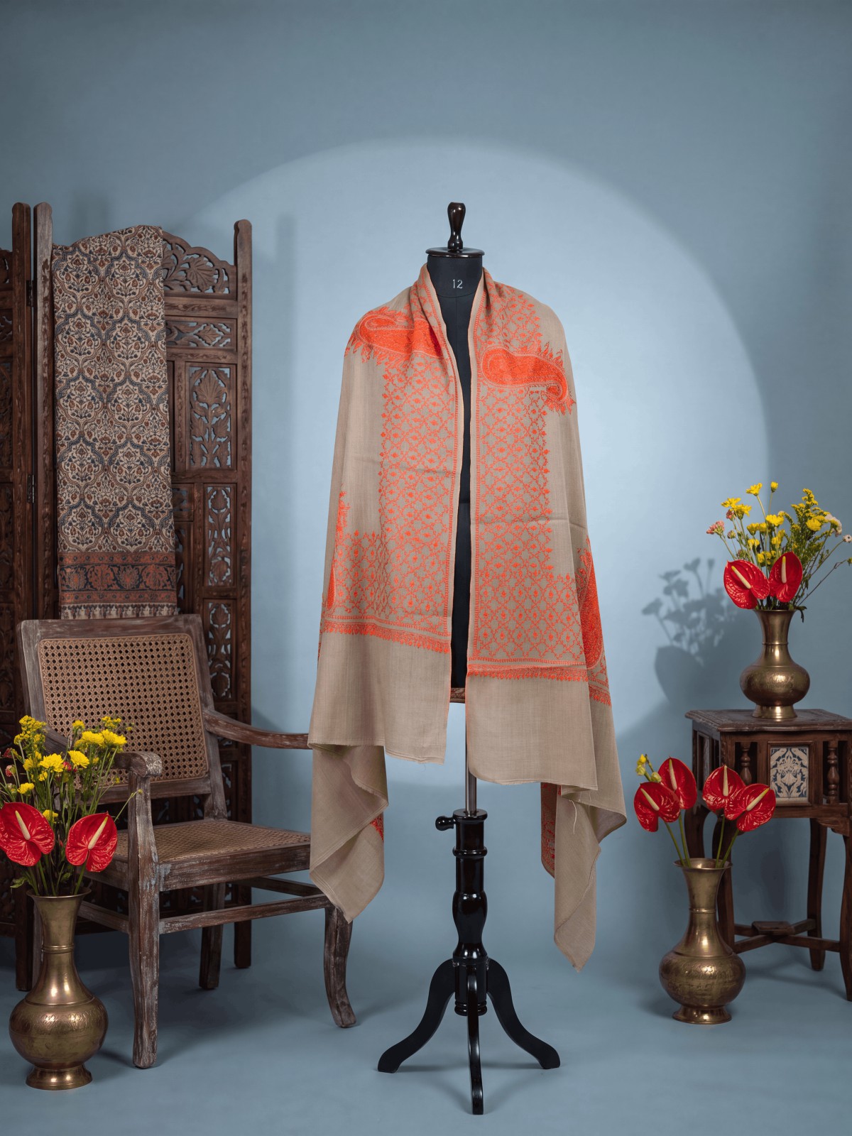 Meraas — Coral Bands — handcrafted Kashmiri shawl by NOUR