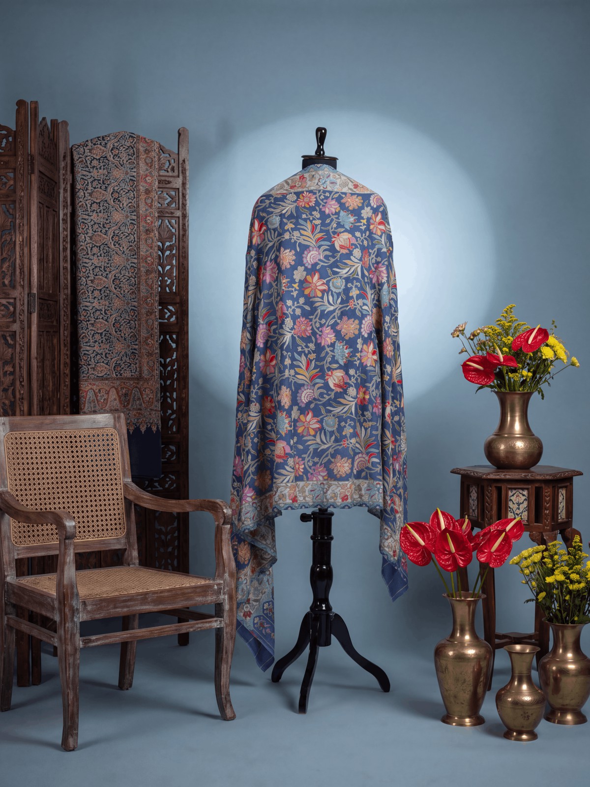 Meraas — Indigo Floral — handcrafted Kashmiri shawl by NOUR