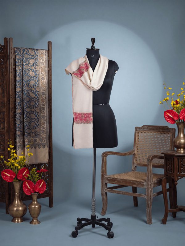 Meraas — Ivory & Crimson — handcrafted Kashmiri shawl by NOUR