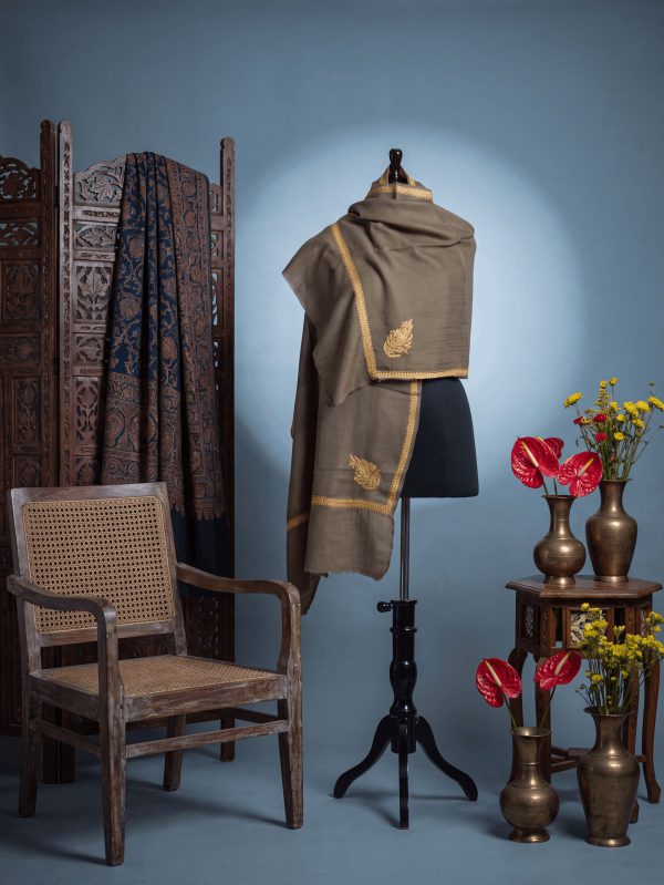 Meraas — Olive & Gold — handcrafted Kashmiri shawl by NOUR