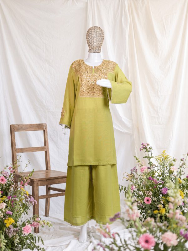 Riwaayat — Chartreuse & Gold — handcrafted Aari suit by NOUR