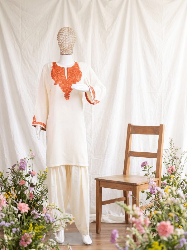 Riwaayat — Ivory & Coral — handcrafted Aari suit by NOUR