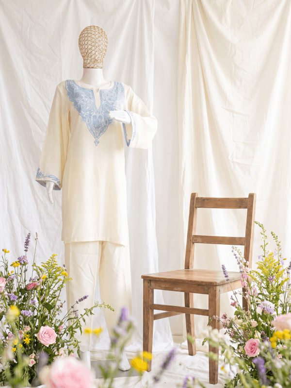 Riwaayat — Ivory & Cornflower — handcrafted Aari suit by NOUR