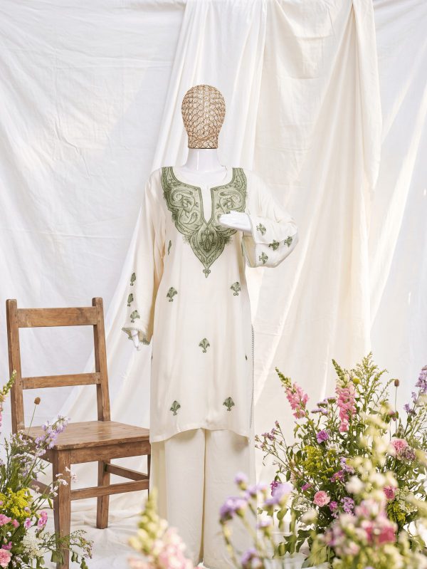 Riwaayat — Ivory & Olive — handcrafted Aari suit by NOUR