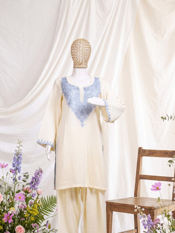 Riwaayat — Ivory & Powder Blue — handcrafted Aari suit by NOUR