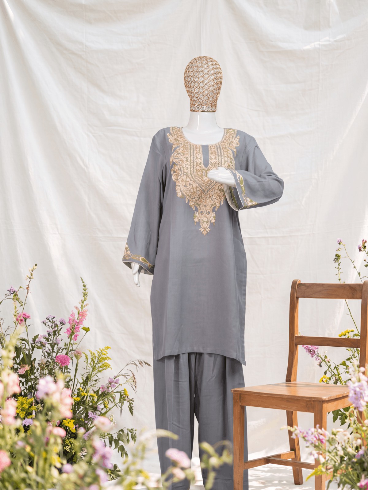 Riwaayat — Pewter & Gold — handcrafted Aari suit by NOUR