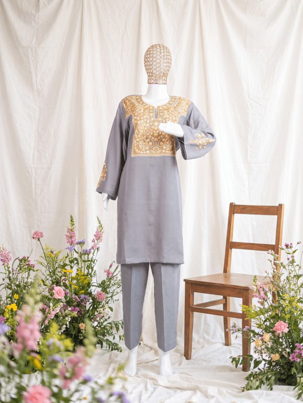 Riwaayat — Slate & Gold — handcrafted Aari suit by NOUR
