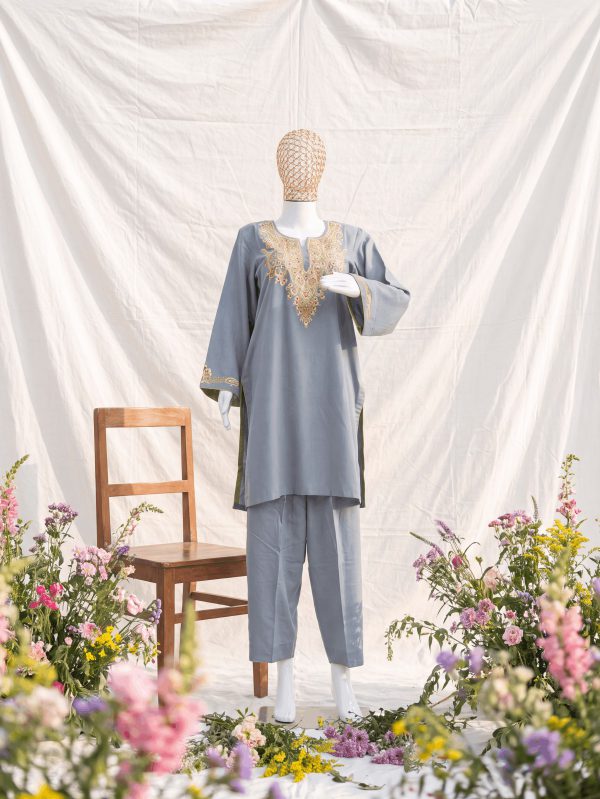 Riwaayat — Steel Grey & Gold — handcrafted Aari suit by NOUR